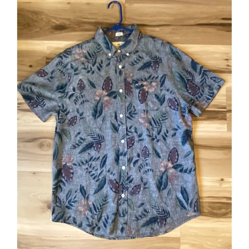 Hollister Mens Blue Tropical Floral Linen Blend Short Sleeve Button Down Shirt L